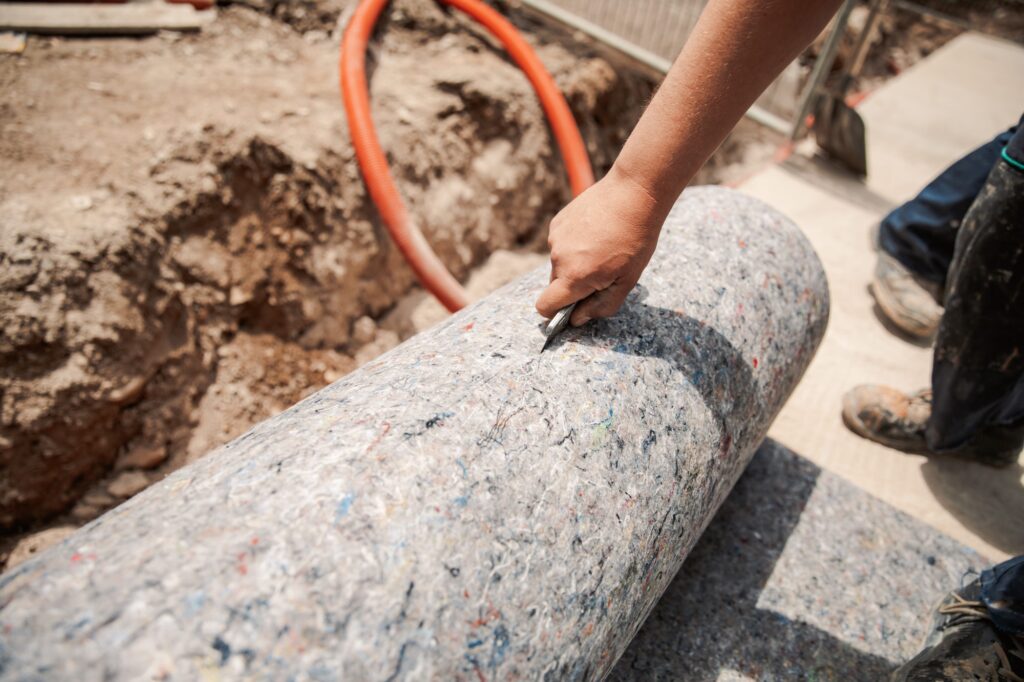 Worker prepares geotextile for the roof, covers it with synthetic PVC membrane